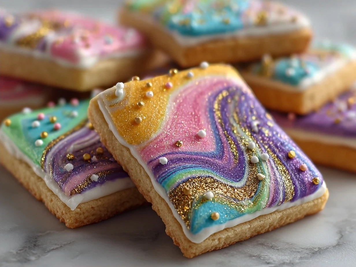 Finished Colorful Marbled Sugar Cookies piled on a plate ready to serve