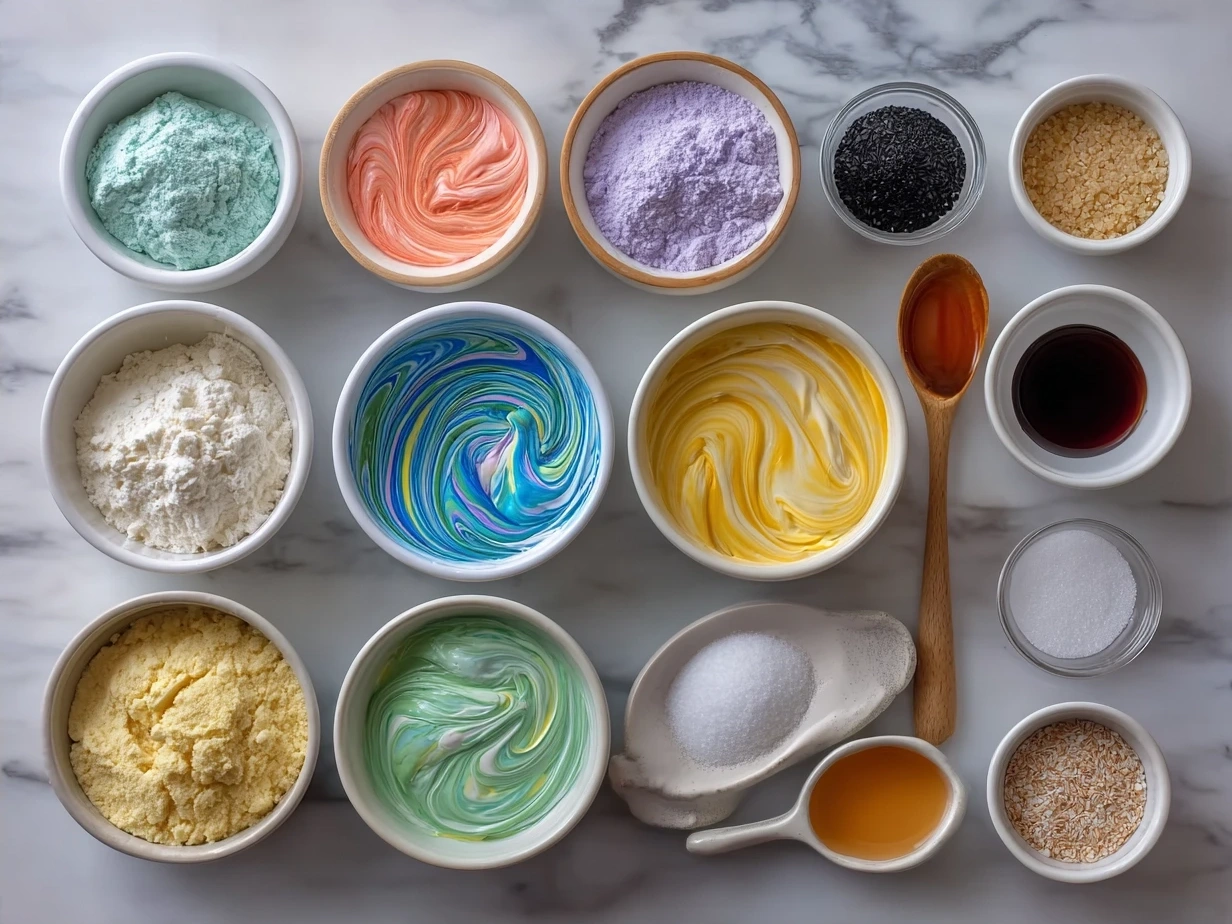 Ingredients for Colorful Marbled Sugar Cookies laid out on a table
