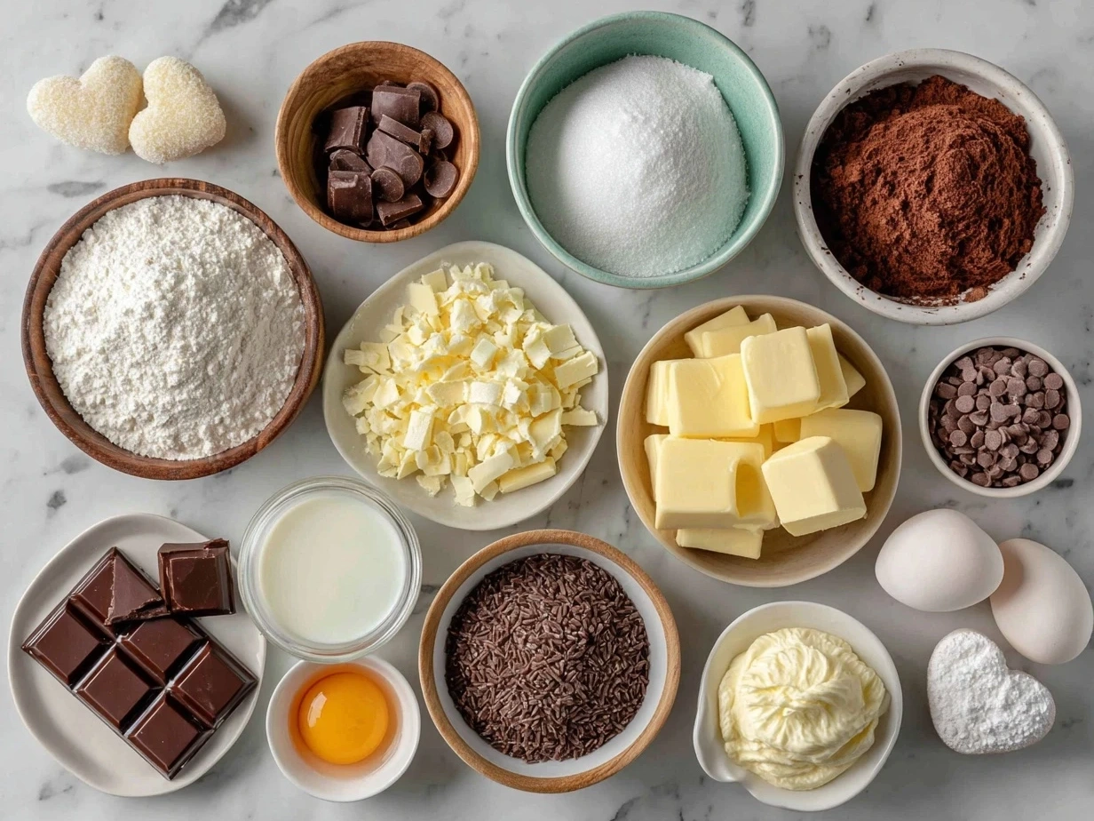 Ingredients for Copycat Little Debbie Valentine Cakes laid out on a kitchen counter