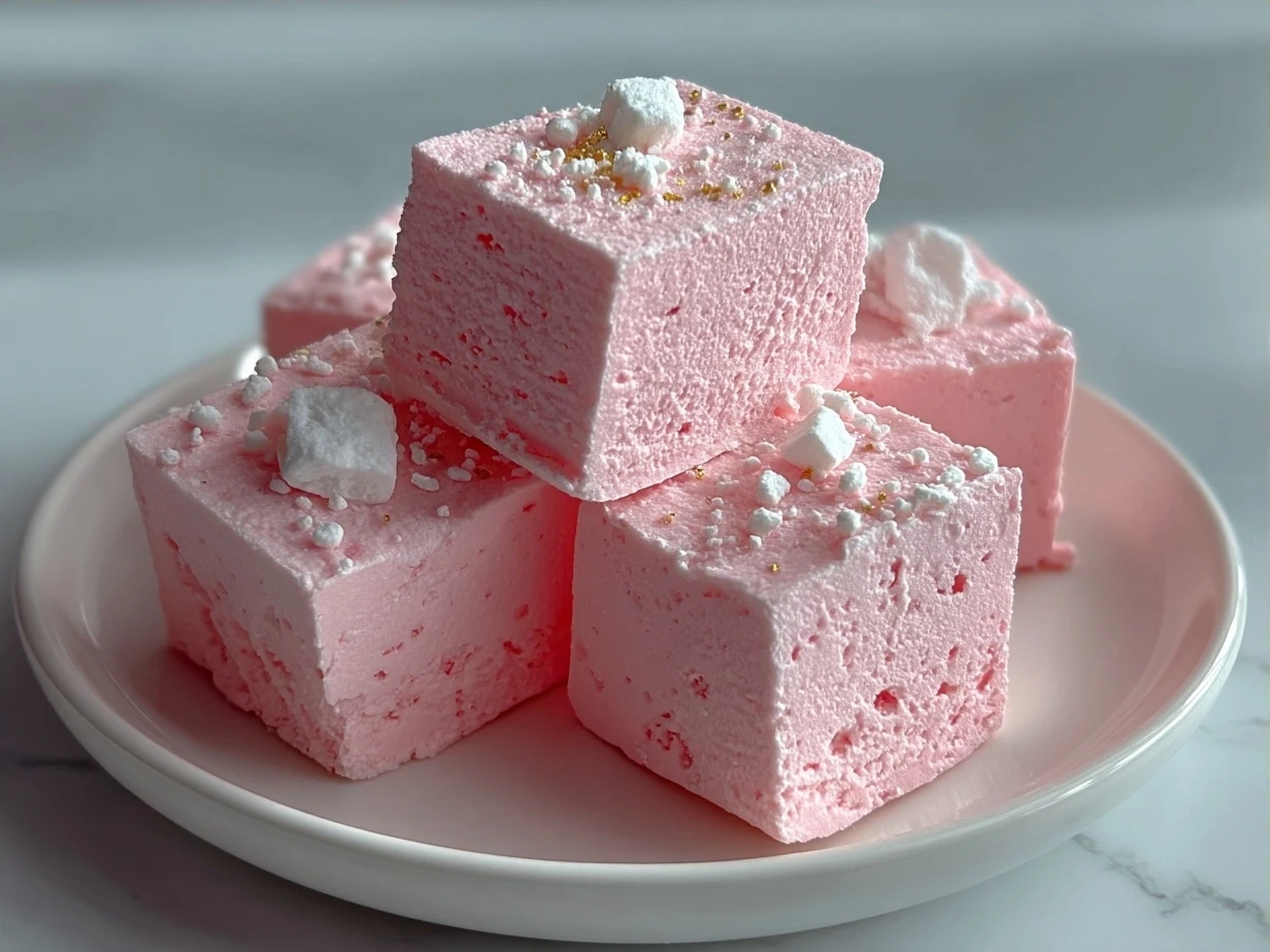 Finished Cotton Candy Fudge cut into squares and arranged on a plate