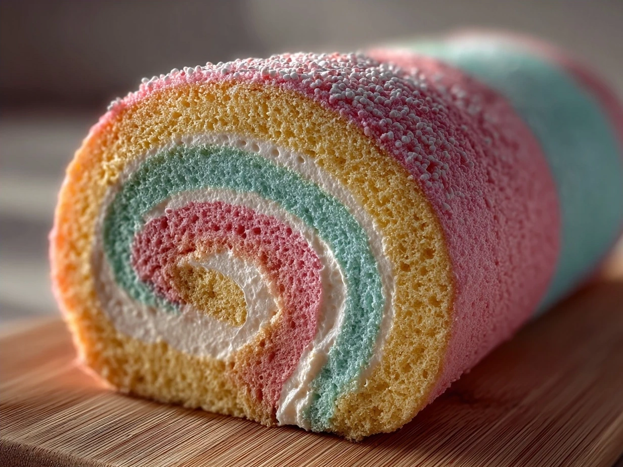 Slice of Cotton Candy Swiss Cake Roll served with vanilla bean ice cream and fresh berries.