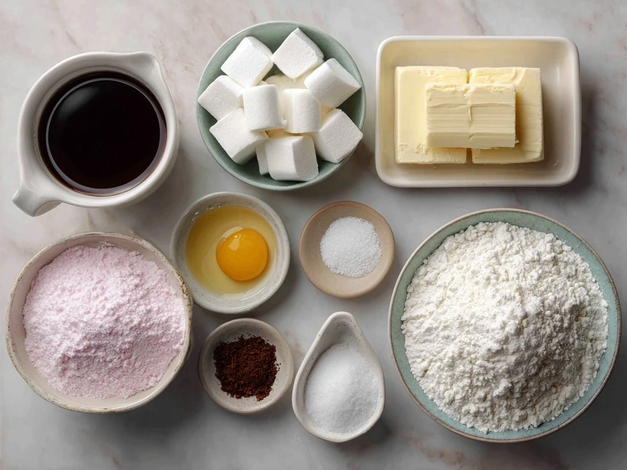 Ingredients laid out for Cotton Candy Swiss Cake Roll including eggs, sugar, cake flour, and pink food coloring.
