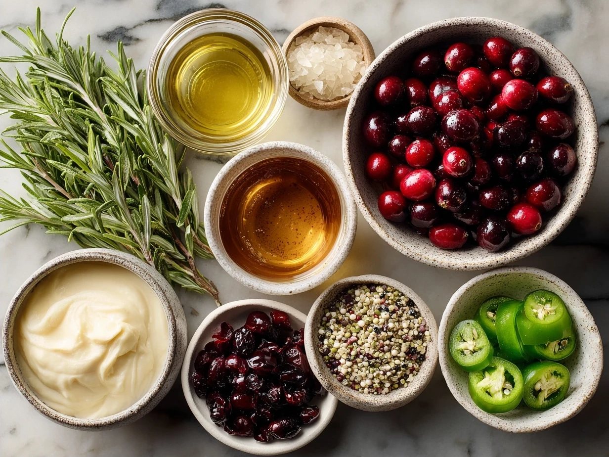 Ingredients for Cranberry Jalapeño Dip on a kitchen counter