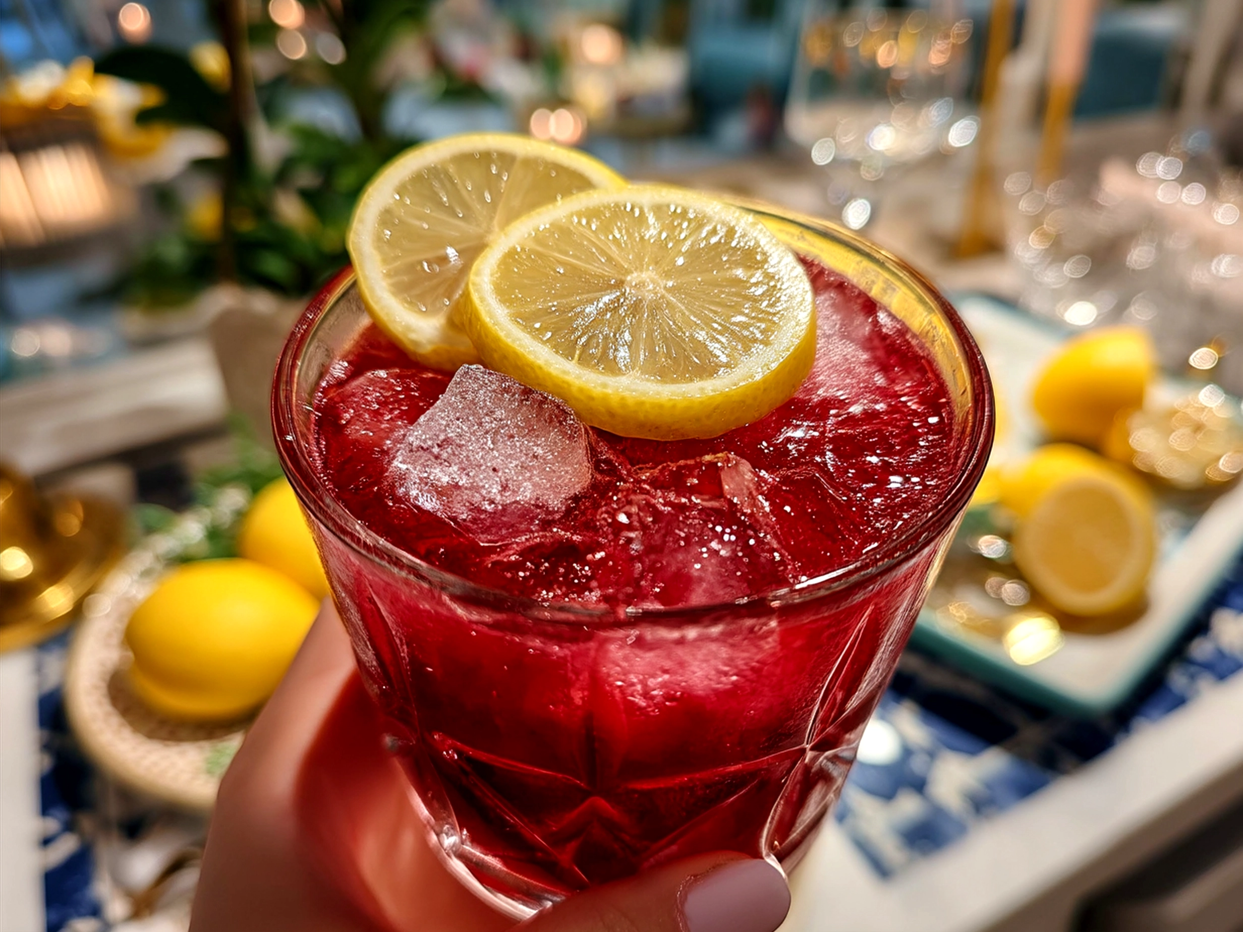 Cranberry Lemon Drop Cocktail served in a sugar-rimmed glass with lemon twist and cranberries garnish