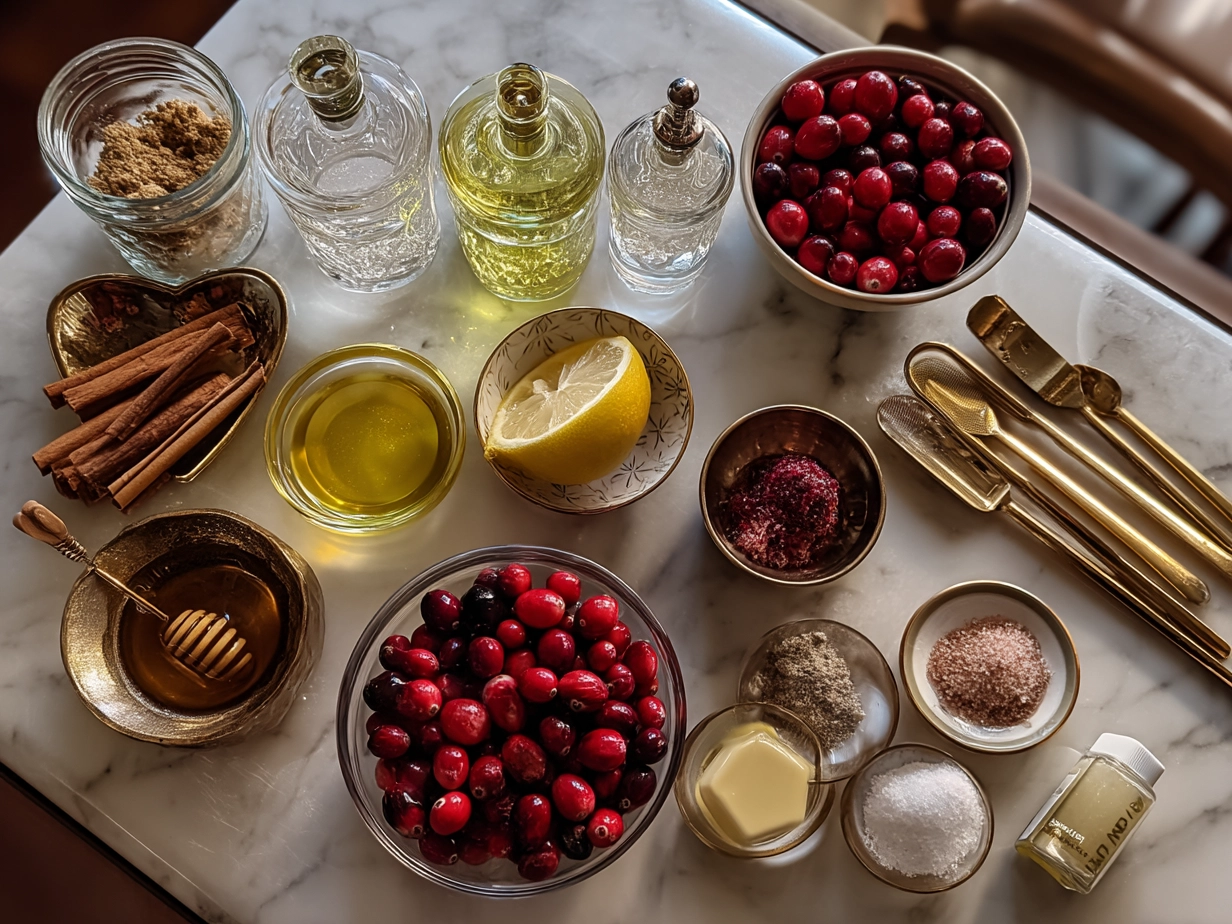 Ingredients for Cranberry Lemon Drop Cocktail laid out with fresh lemons, cranberry vodka, and simple syrup