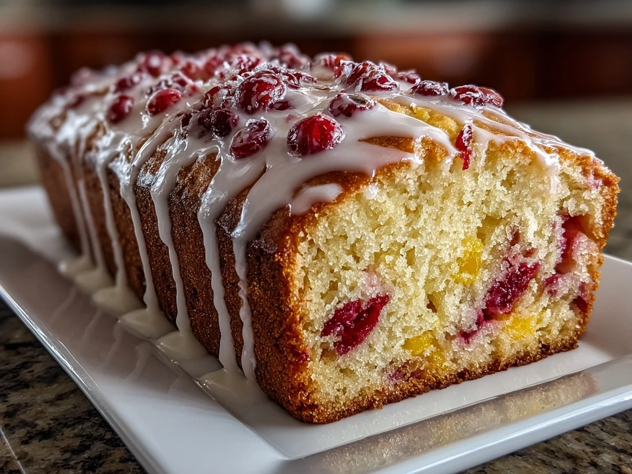 Freshly baked Cranberry Orange Bread with Glaze sliced and served