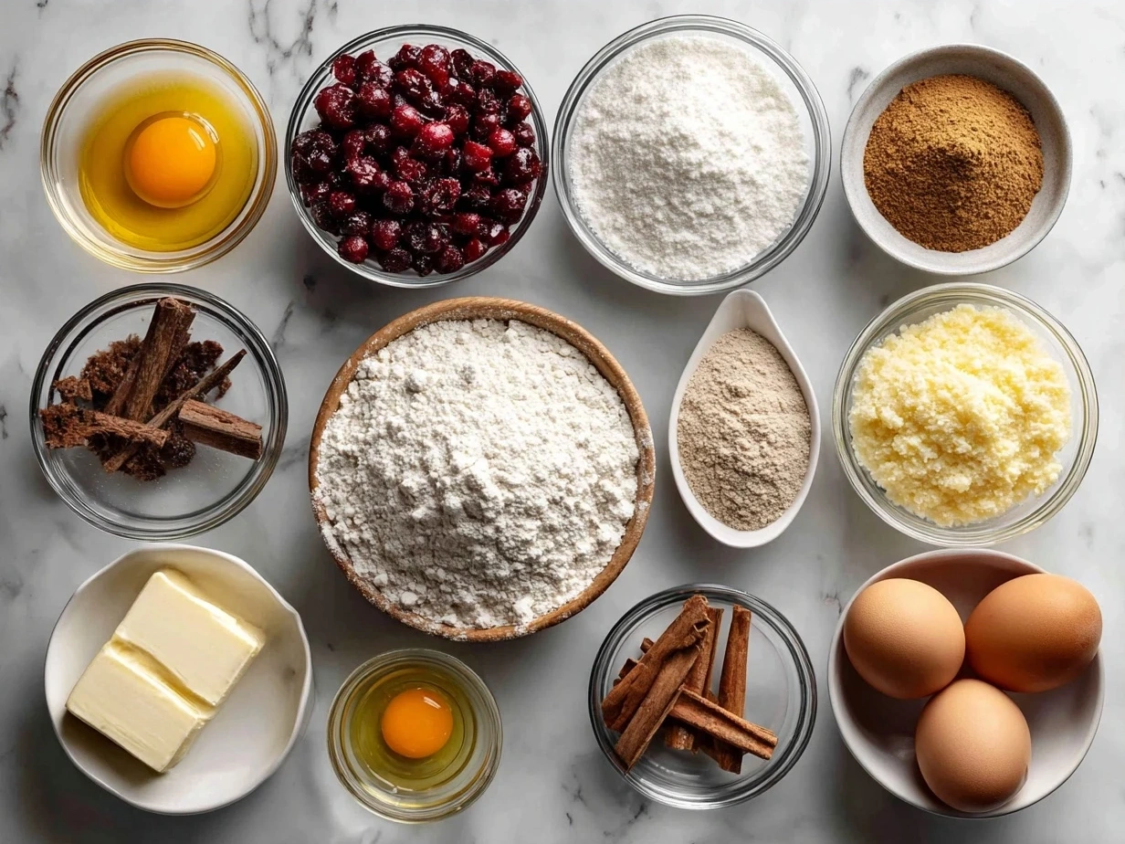 Ingredients for Cranberry Orange Bread with Glaze arranged on a kitchen counter