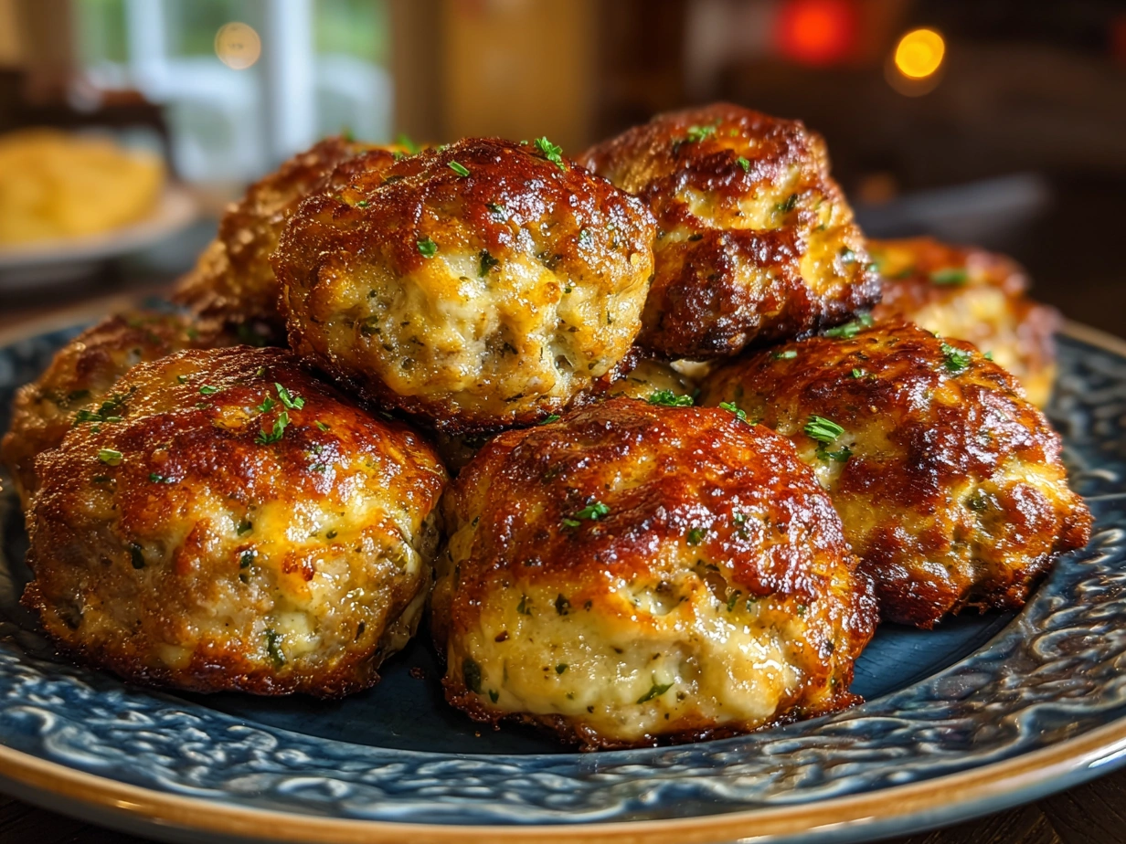 Golden baked Cream Cheese Sausage Balls served on a plate