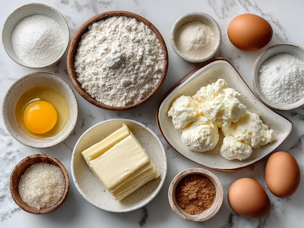 Ingredients for Cream Cheese Sausage Balls laid out on a table