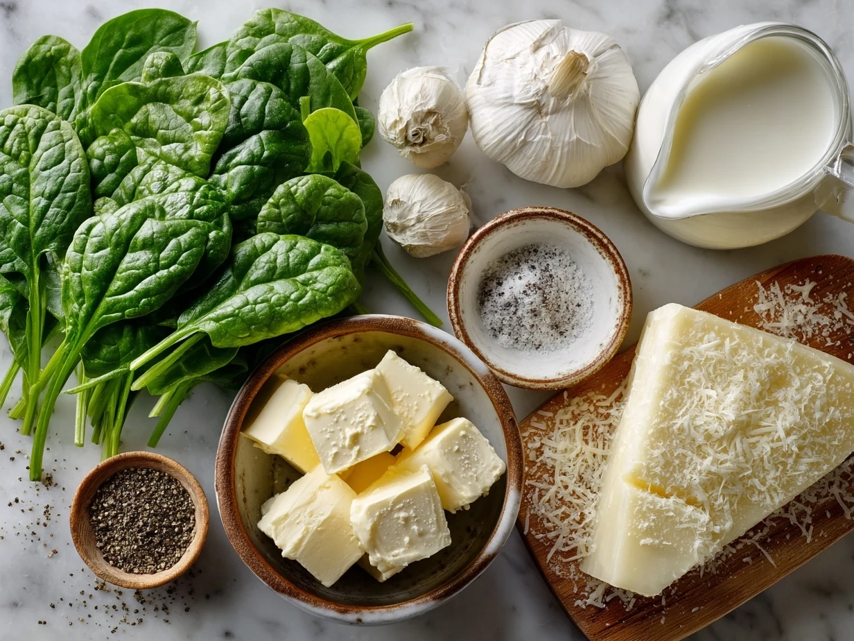 Ingredients for Creamed Spinach recipe laid out on kitchen counter