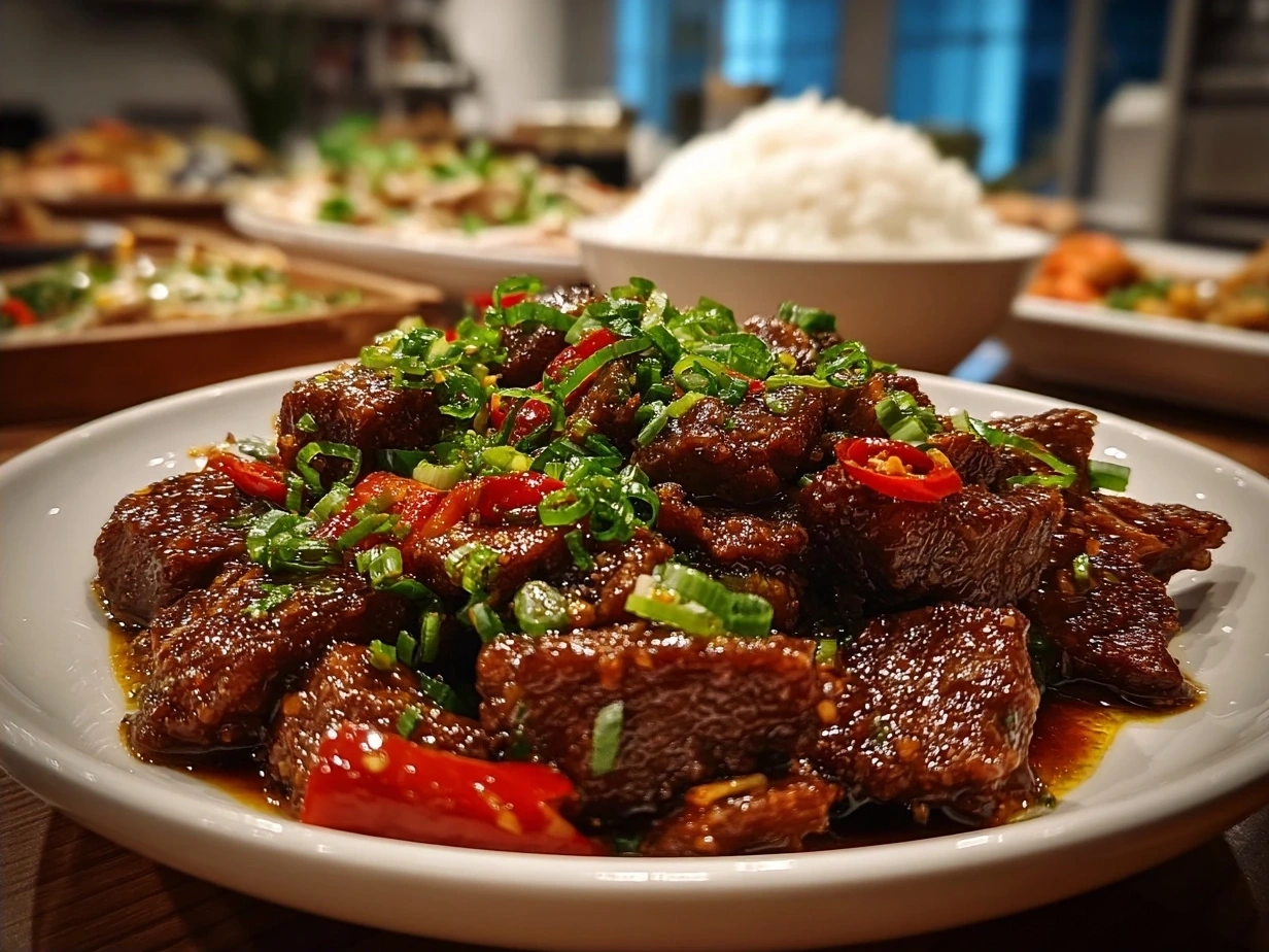 Finished Crispy Chilli Beef served in a bowl garnished with spring onions and sesame seeds