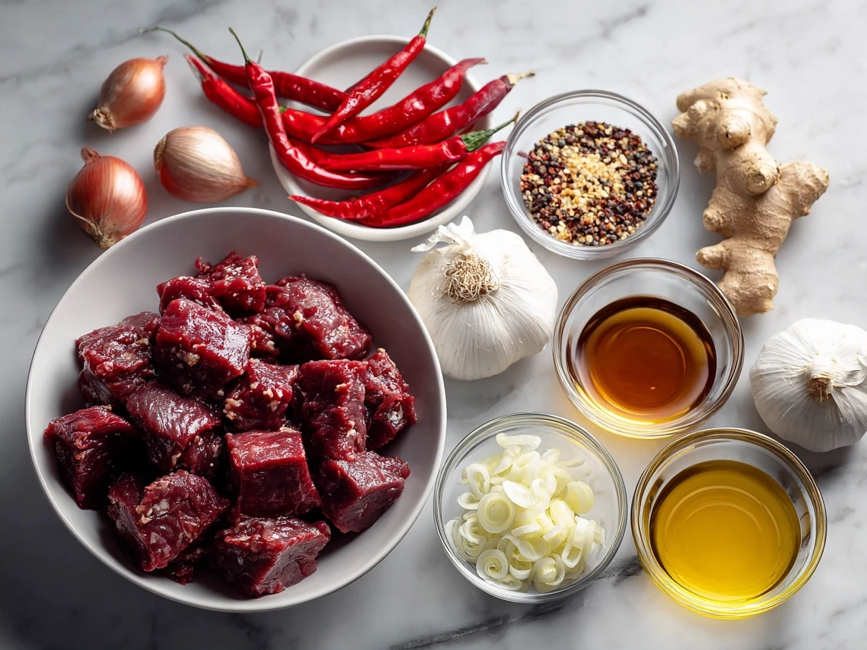 Ingredients for Crispy Chilli Beef including sliced beef, garlic, chili, soy sauce and spices