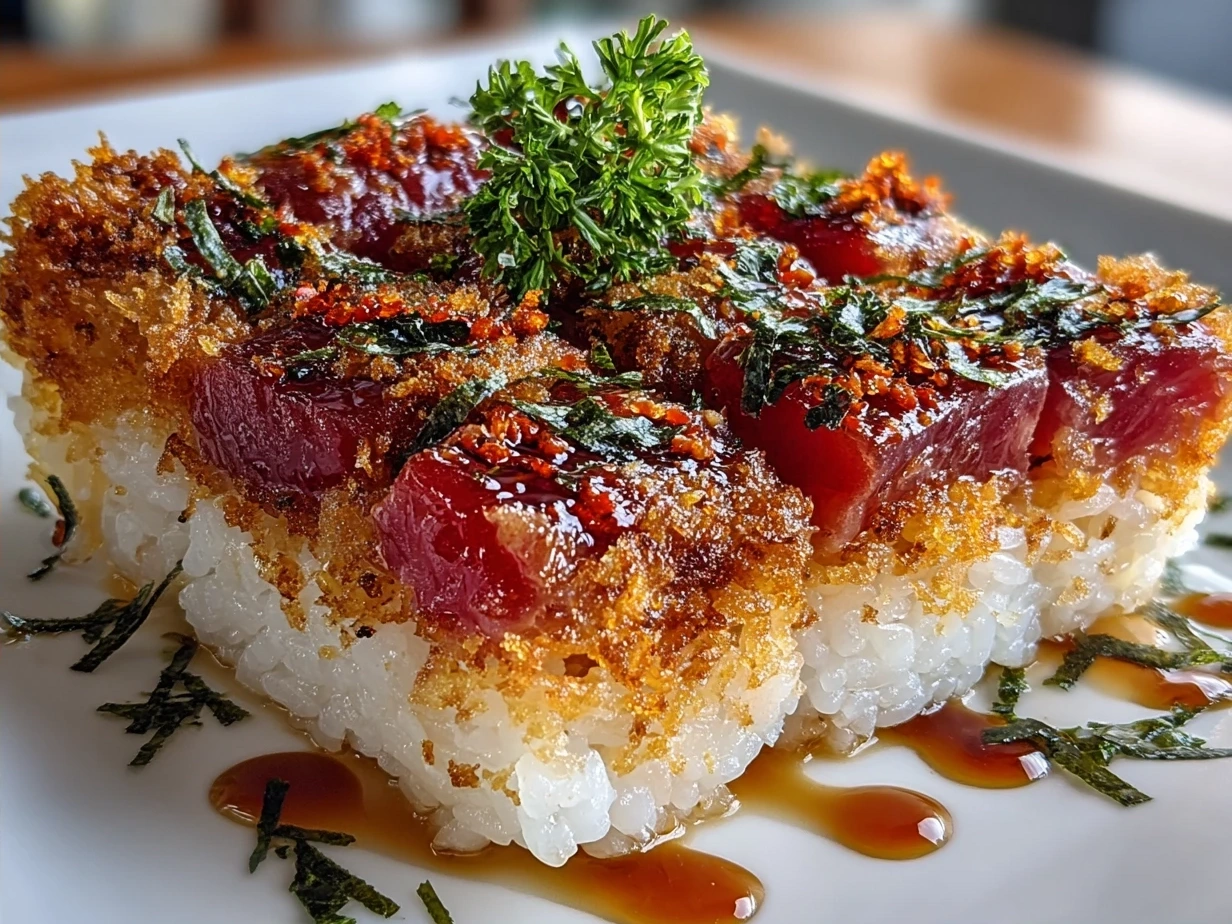 Finished Crispy Rice Spicy Tuna served on a plate with garnishes