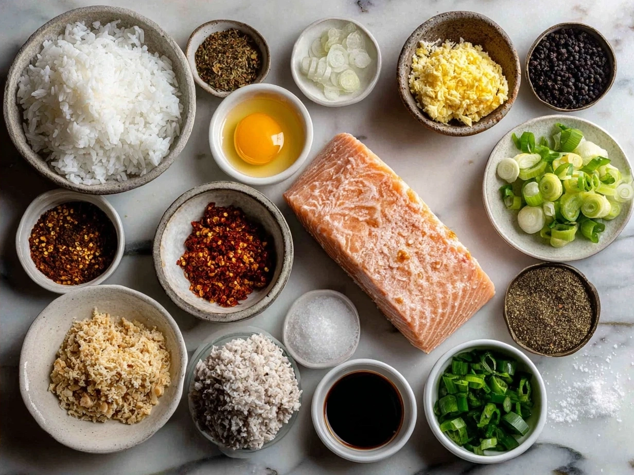 Ingredients for Crispy Rice Spicy Tuna laid out on a table