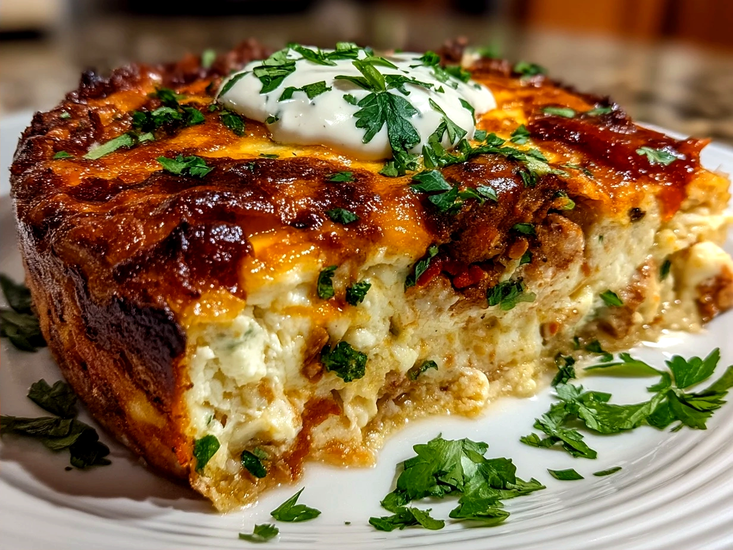 Served Crockpot Chicken Enchilada Casserole topped with fresh cilantro and lime wedges