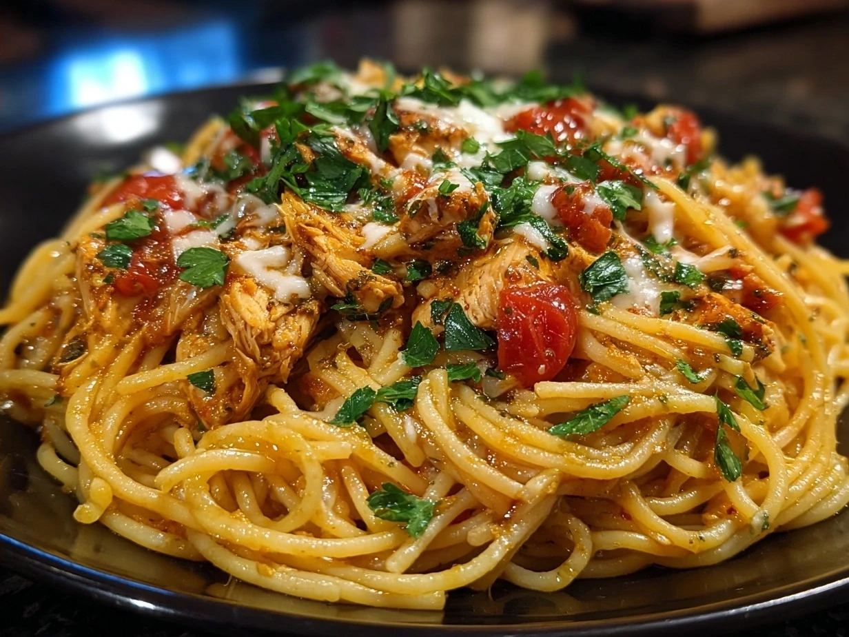 A serving bowl filled with creamy Crockpot Chicken Spaghetti garnished with fresh herbs