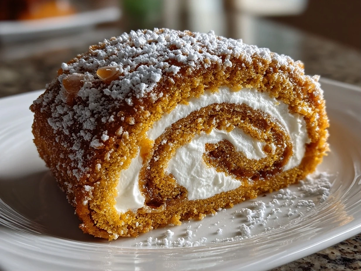 A close-up shot of a sliced pumpkin roll, showcasing the creamy filling and the spiced cake.