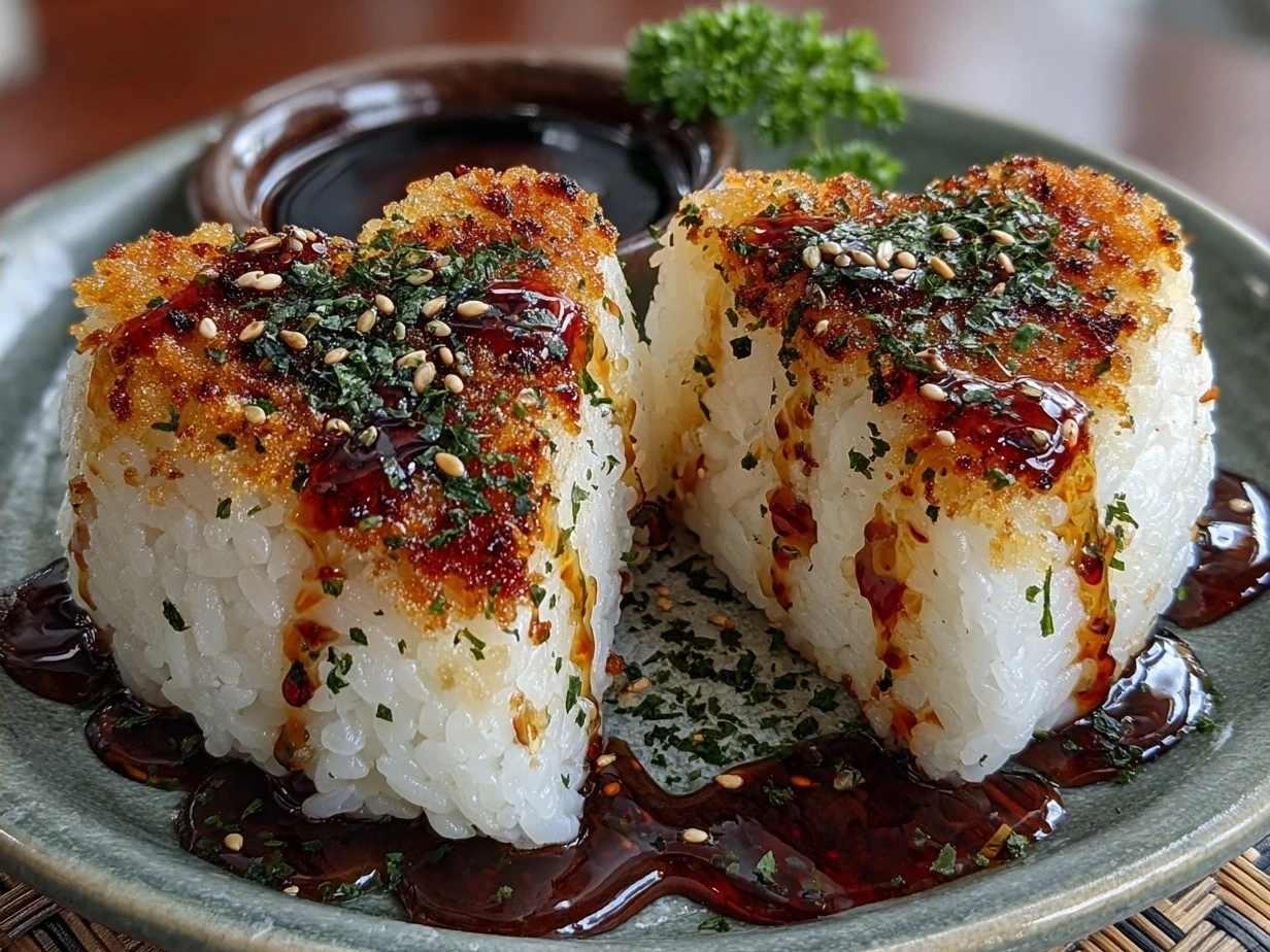 Perfectly grilled Easy Yaki Onigiri rice balls with crispy soy sauce glaze ready to serve