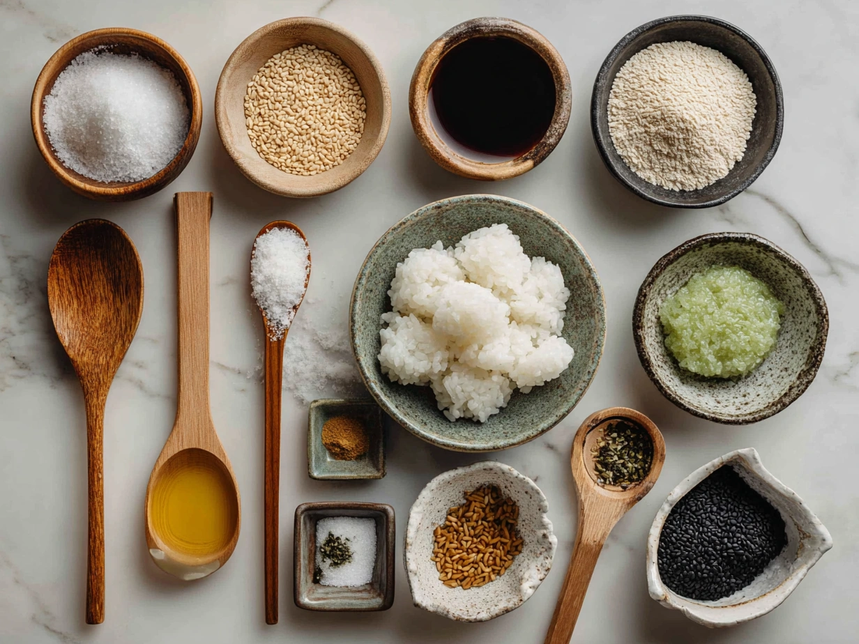 Ingredients for Easy Yaki Onigiri laid out including rice, soy sauce, mirin, sake, sesame oil, nori strips