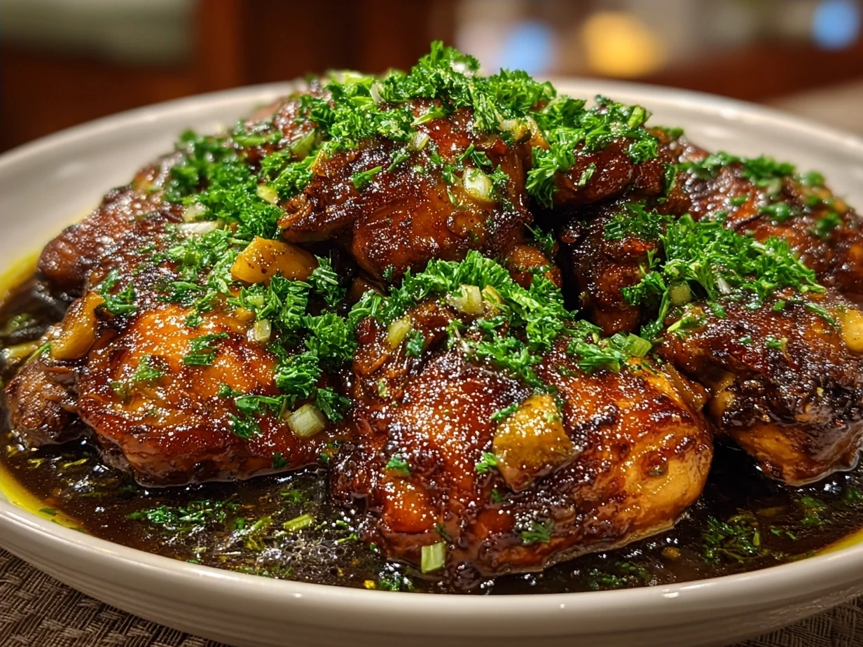 Finished Filipino Chicken Adobo plated and ready to serve