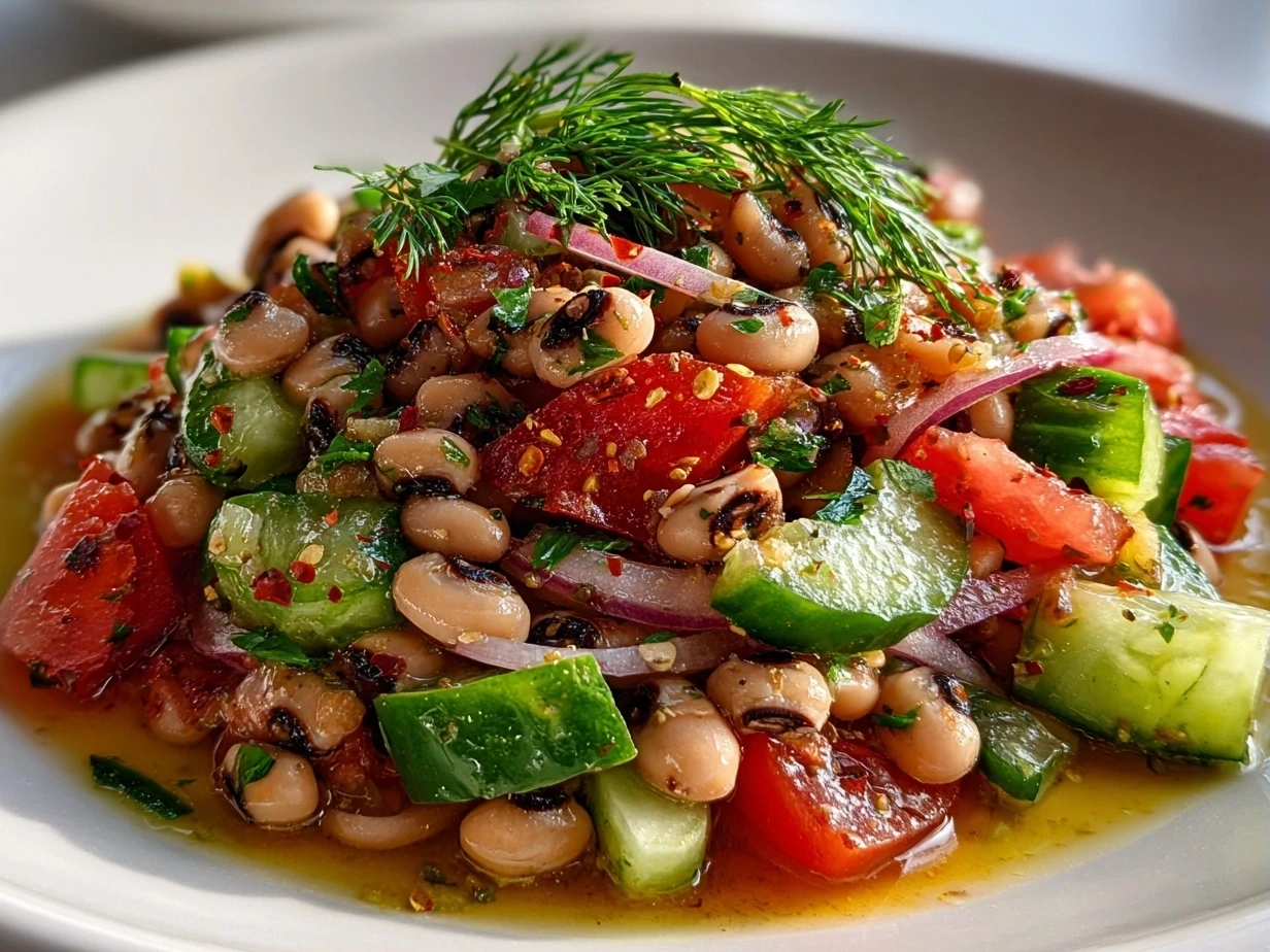 Finished Black-Eyed Pea Salad on a white plate, garnished with cilantro