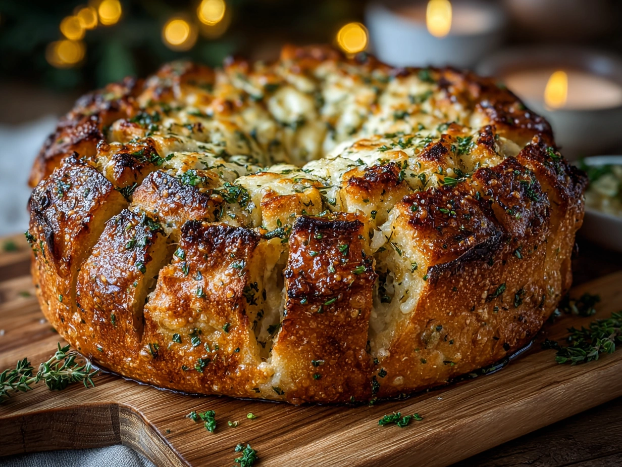 Close up of finished Garlic Bread Wreath with Baked Brie
