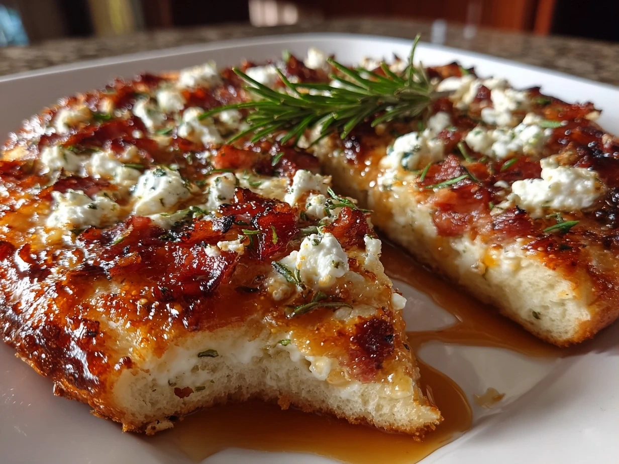 Close-up of finished Honey Ricotta Pizza with melted cheese, honey drizzle, and fresh thyme
