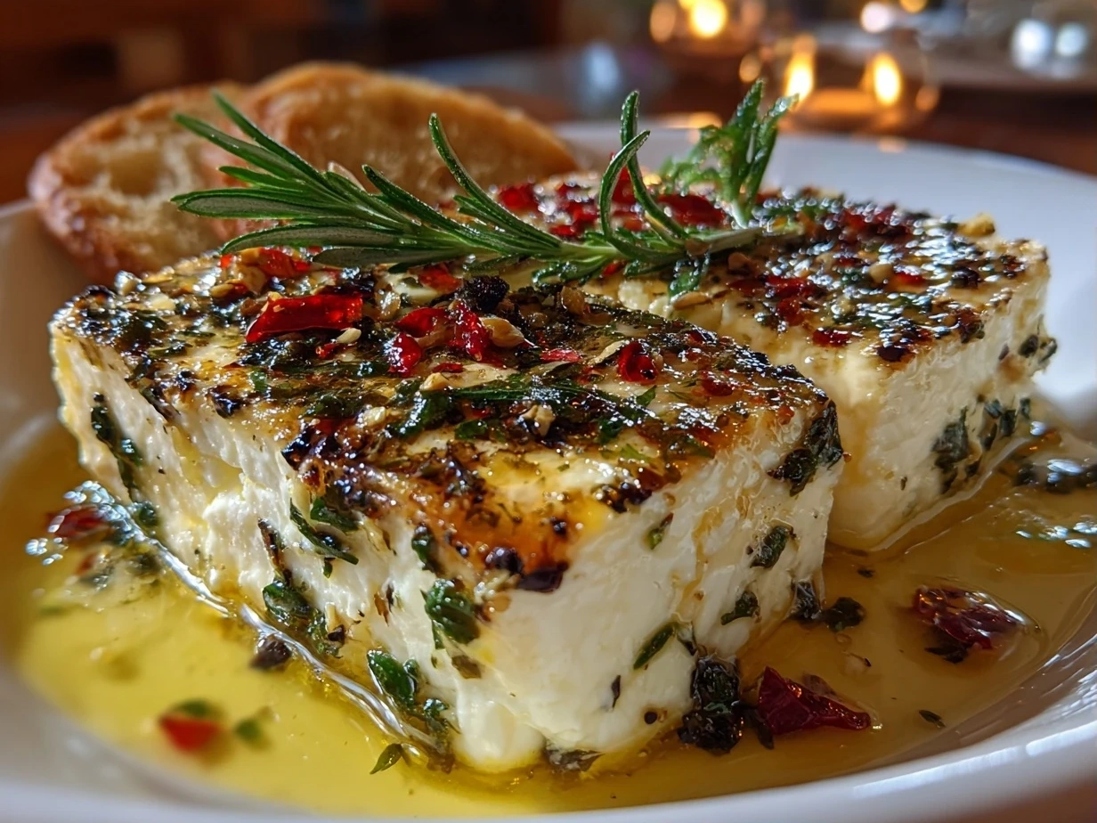 Close-up of finished marinated cheese with herbs and olive oil