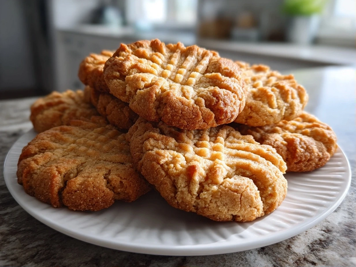Finished homemade soft peanut butter cookies on a plate ready to be served.