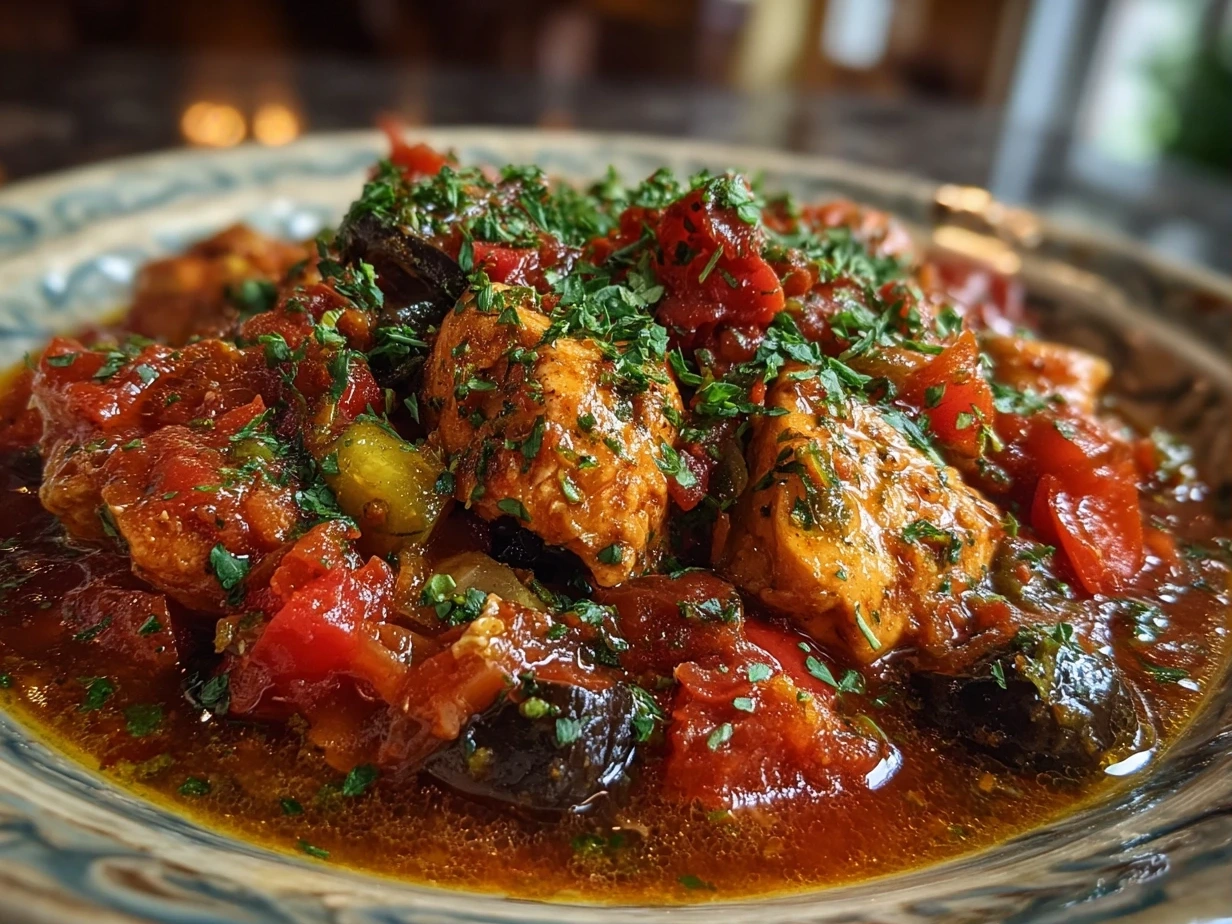 Finished slow cooker chicken cacciatore served with fresh parsley garnish
