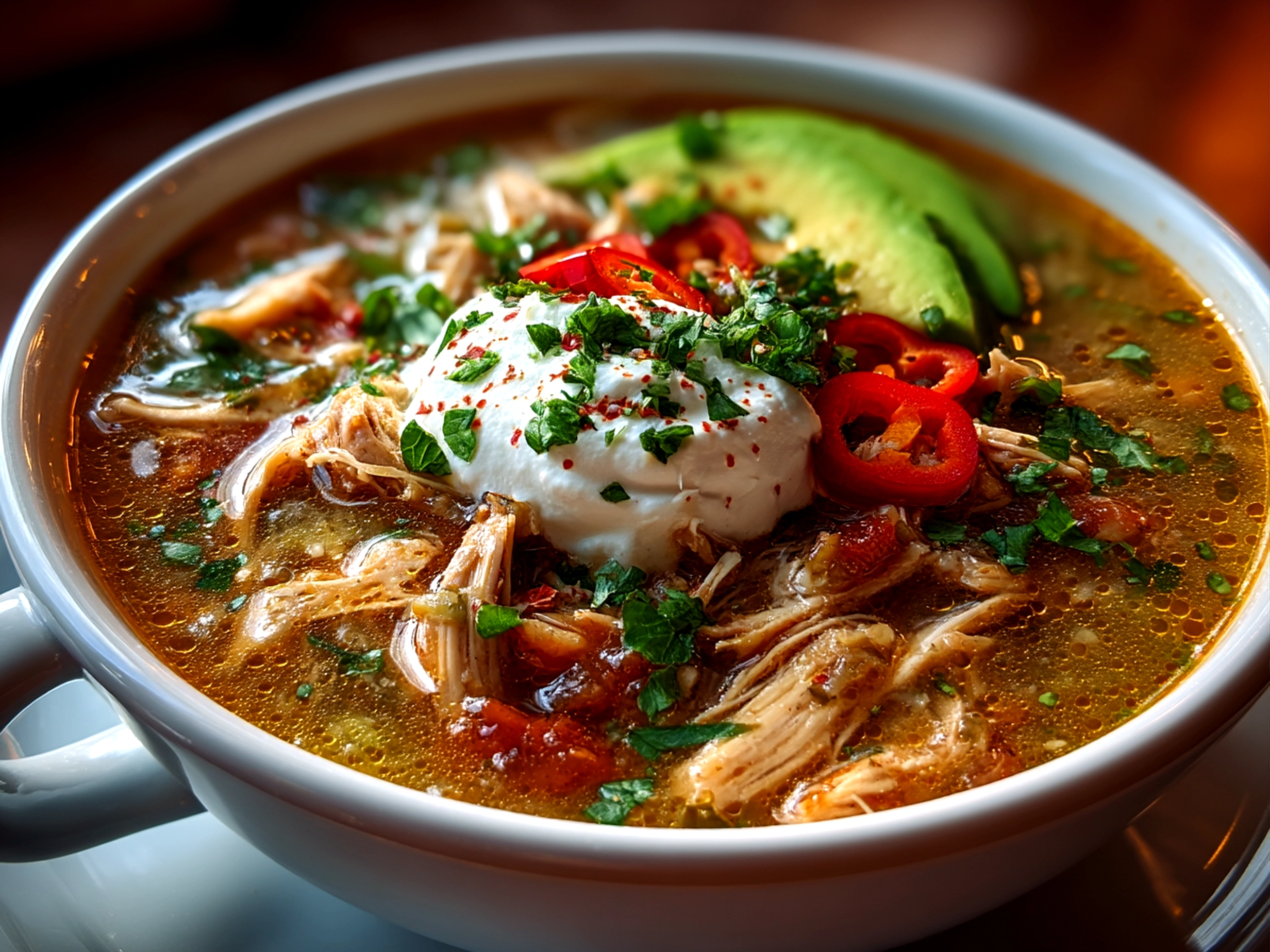 Close-up of finished Slow Cooker Green Enchilada Chicken Soup served in a bowl with toppings