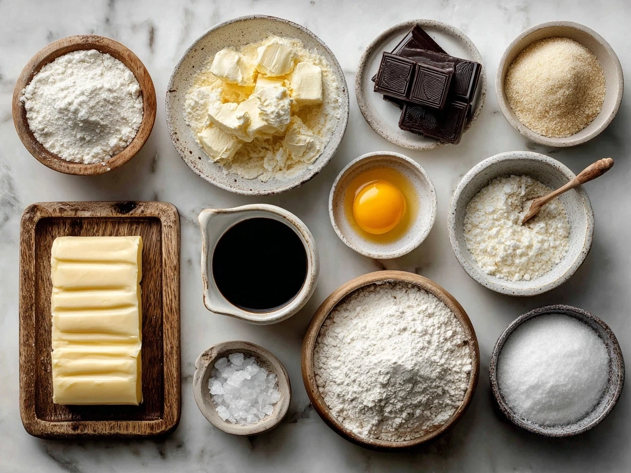 Ingredients for French Butter Cake showing butter, eggs, sugar, flour, and vanilla
