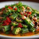 Freshly prepared Black-Eyed Peas Okra Stew on white plate