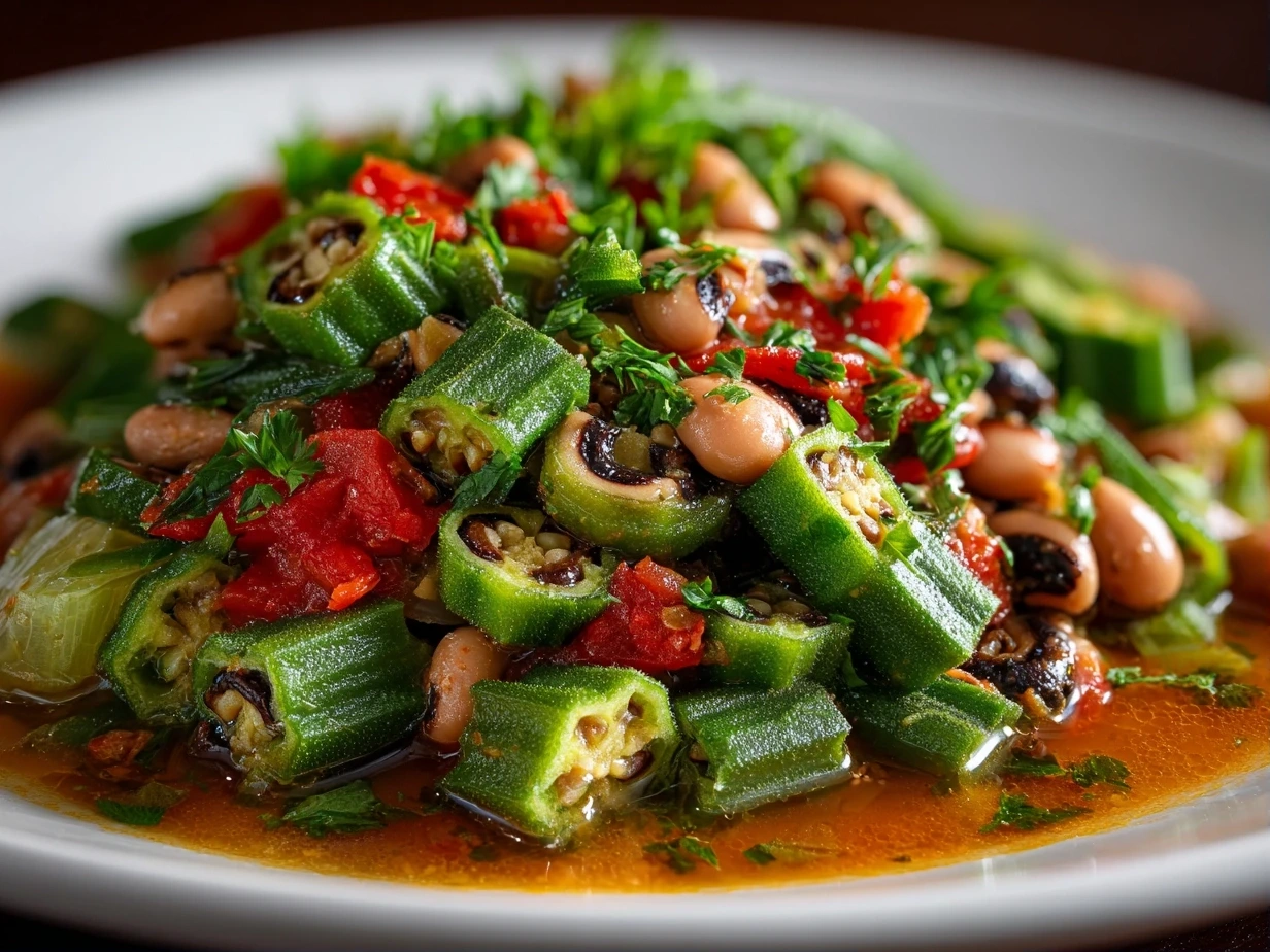 Freshly prepared Black-Eyed Peas Okra Stew on white plate