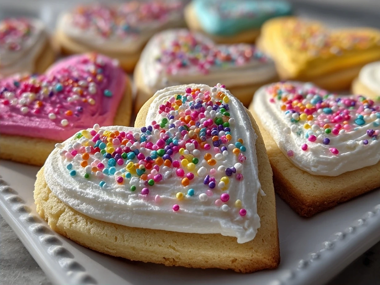 Platter of beautifully decorated Frosted Heart Sugar Cookies ready to serve
