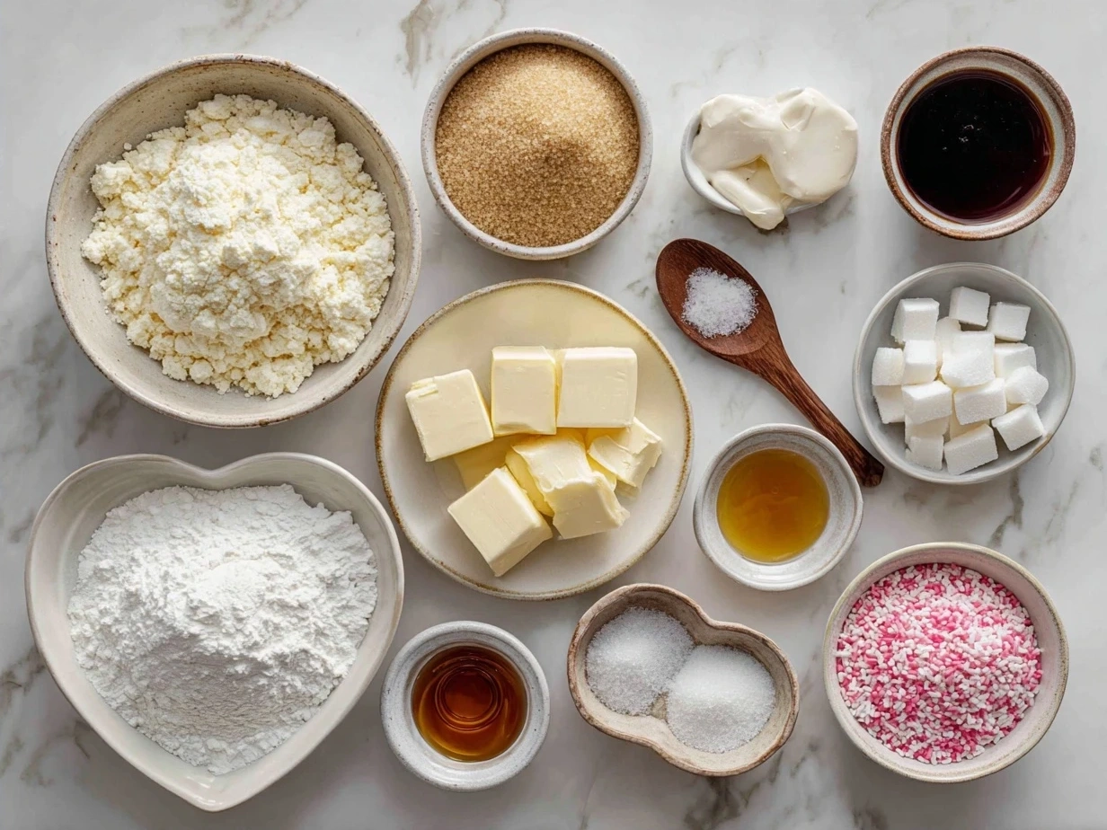 Ingredients for Frosted Heart Sugar Cookies laid out on a table including flour, sugar, butter, egg, extracts, meringue powder, and gel food coloring