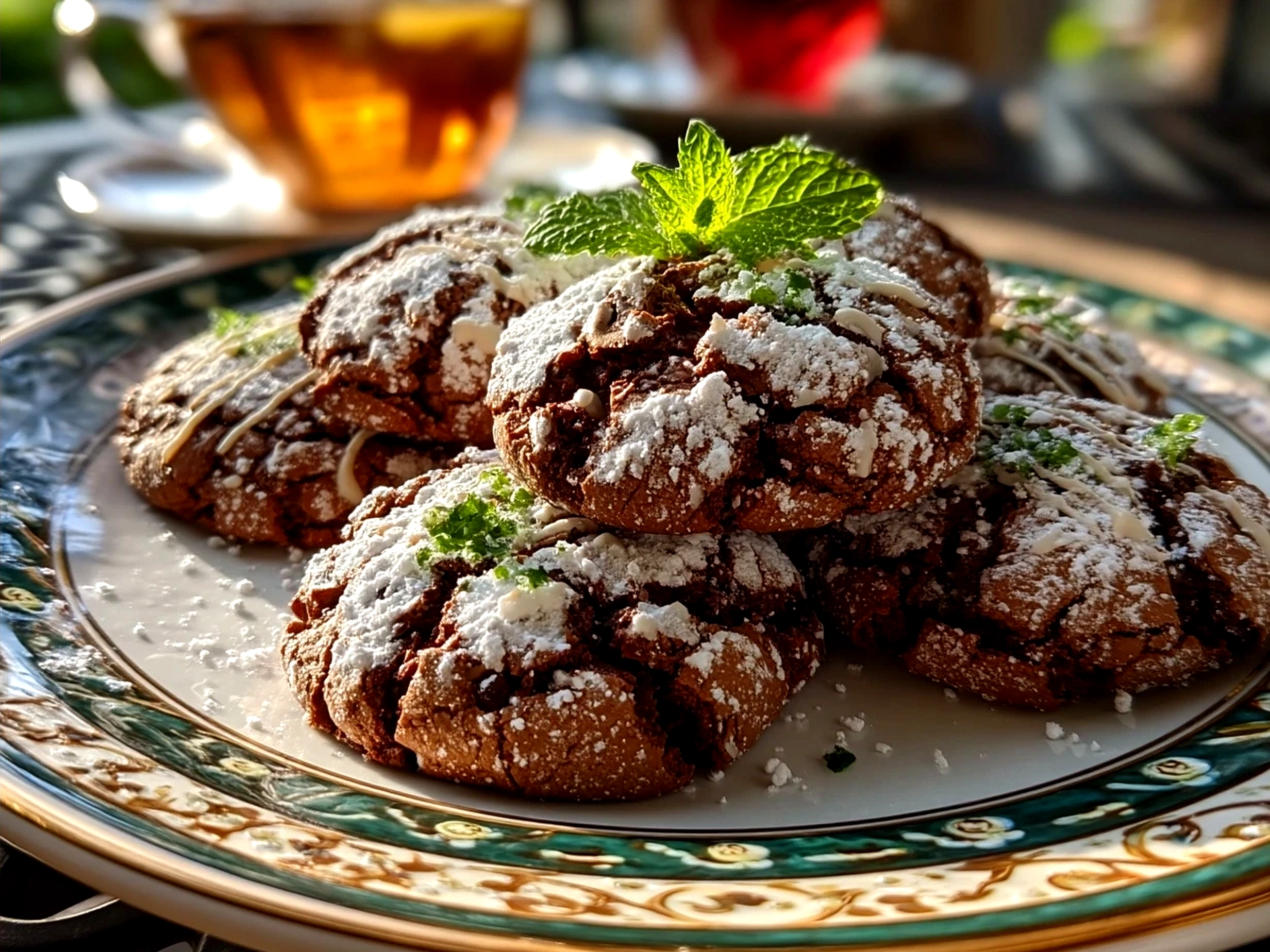 Plated fudgy Grasshopper Cookies with a glass of milk