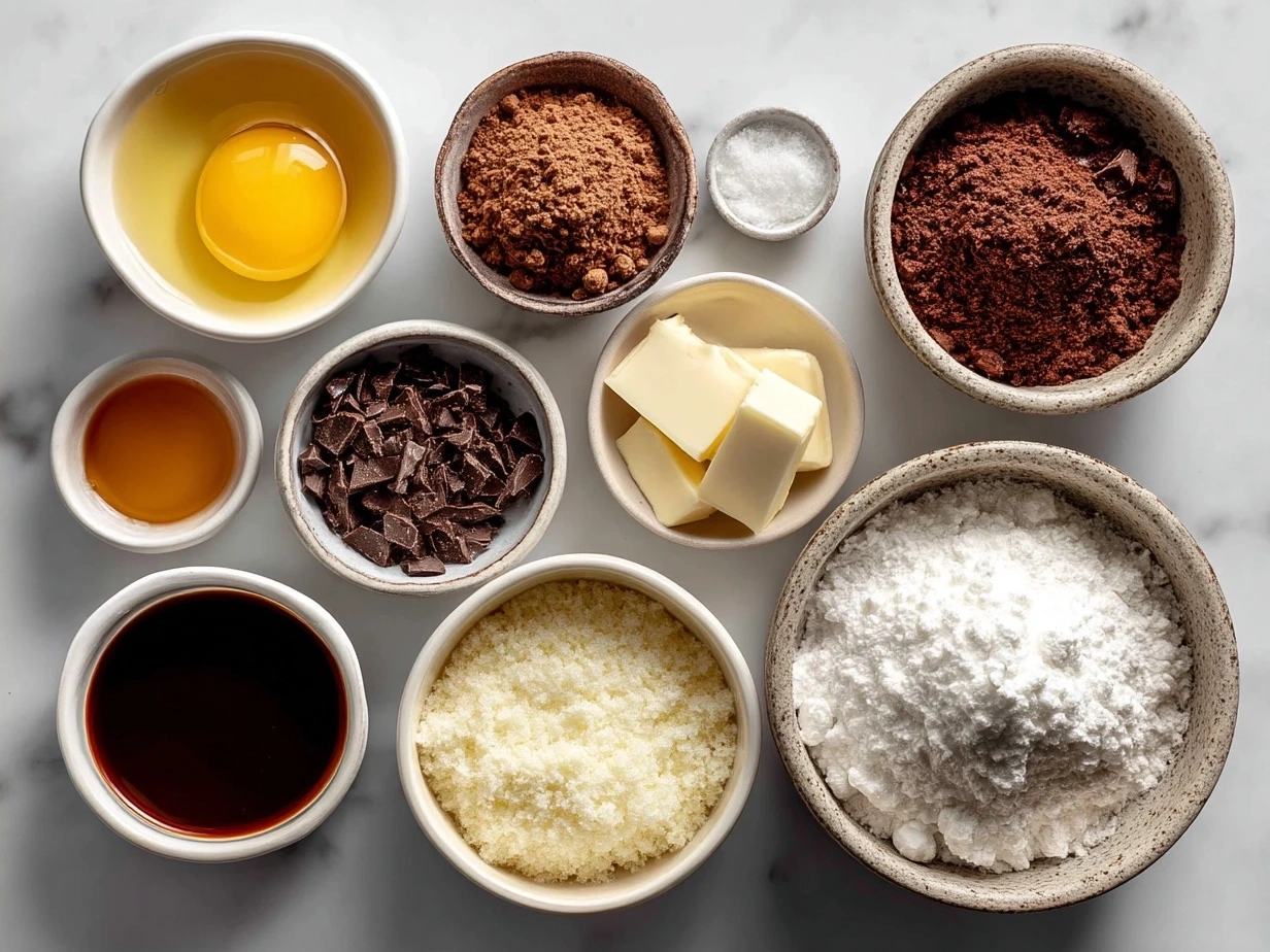 Ingredients laid out for fudgy Grasshopper Cookies including butter, sugars, cocoa powder and mint chocolate chips