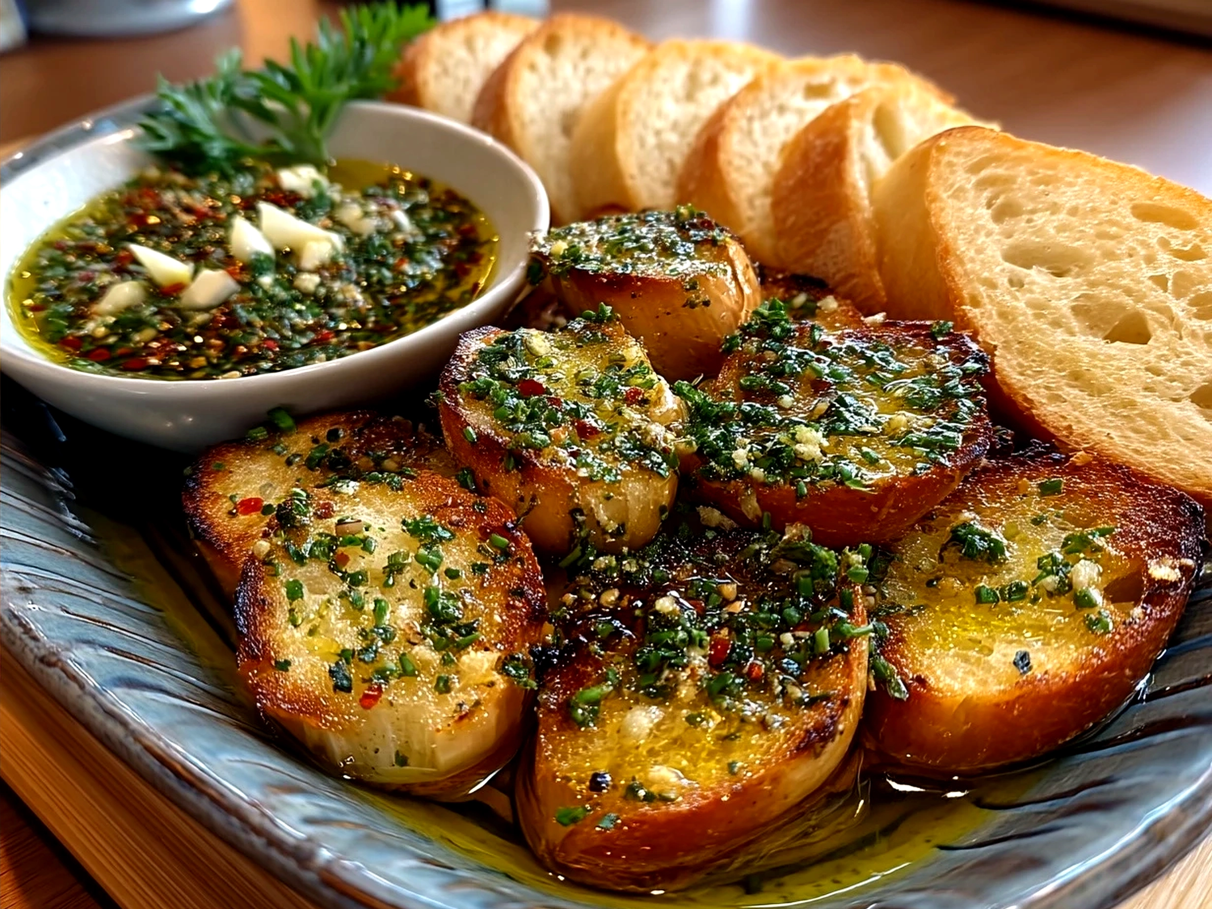 Garlic Olive Oil Dip served with crusty bread and fresh herbs