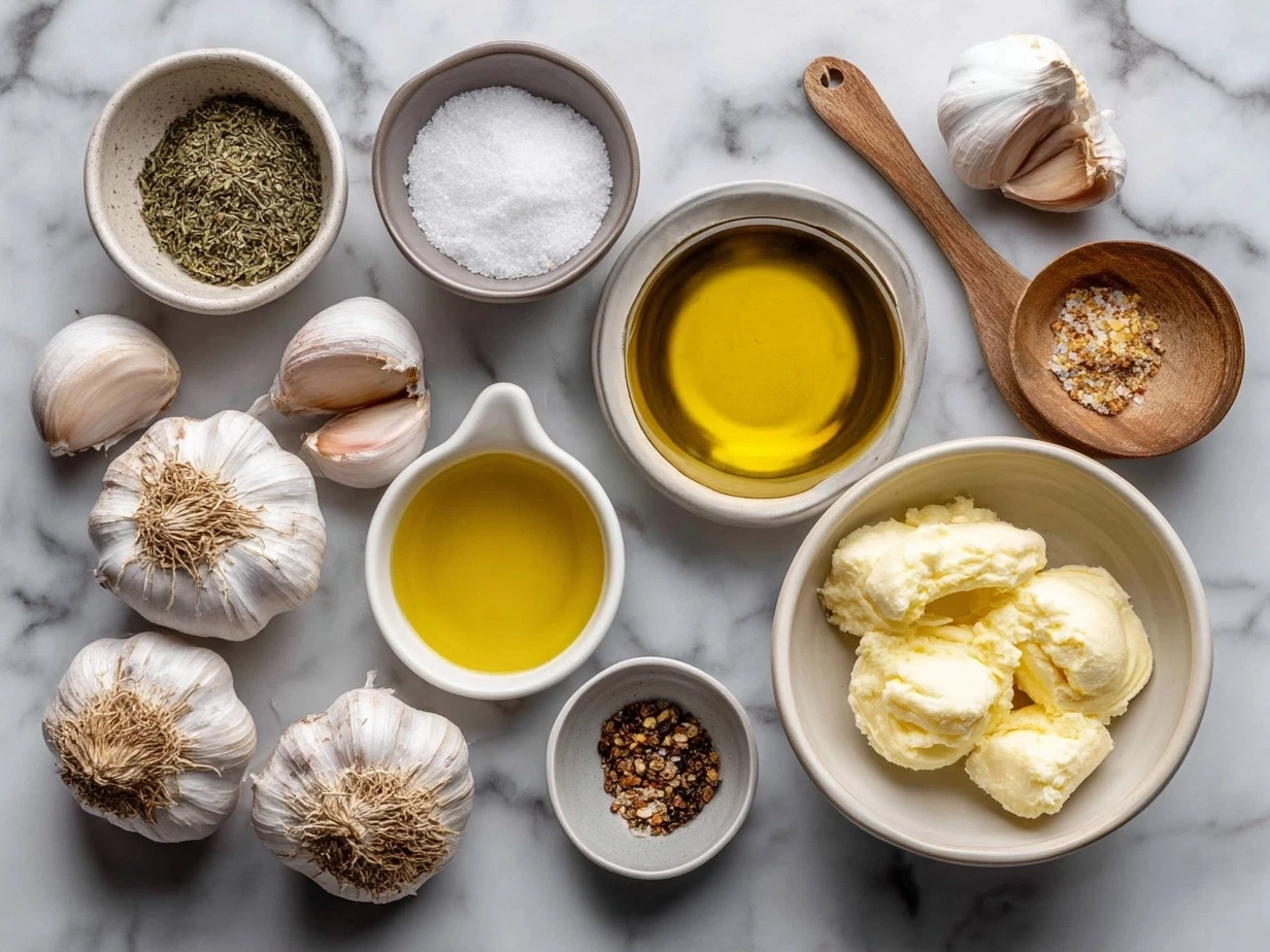 Ingredients for Garlic Olive Oil Dip including garlic cloves, olive oil, lemon, and herbs