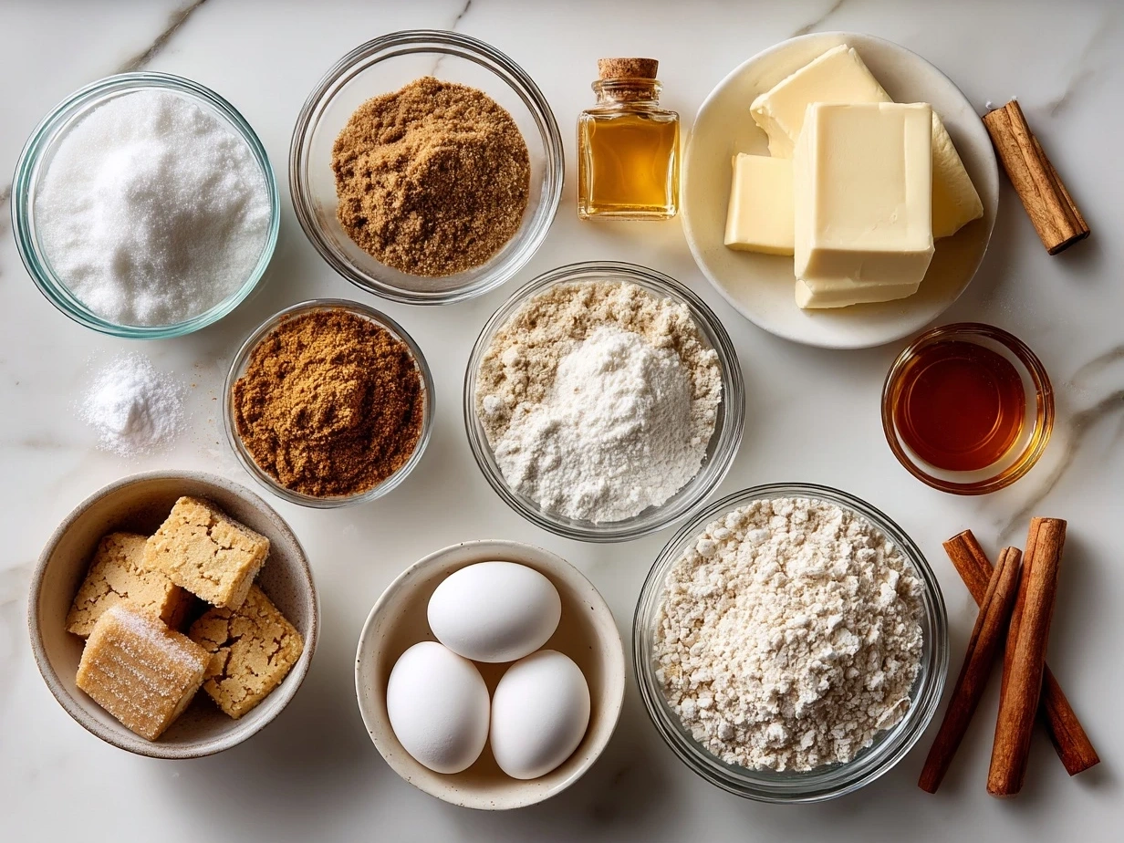 Ingredients for gingerbread cookies laid out on a table