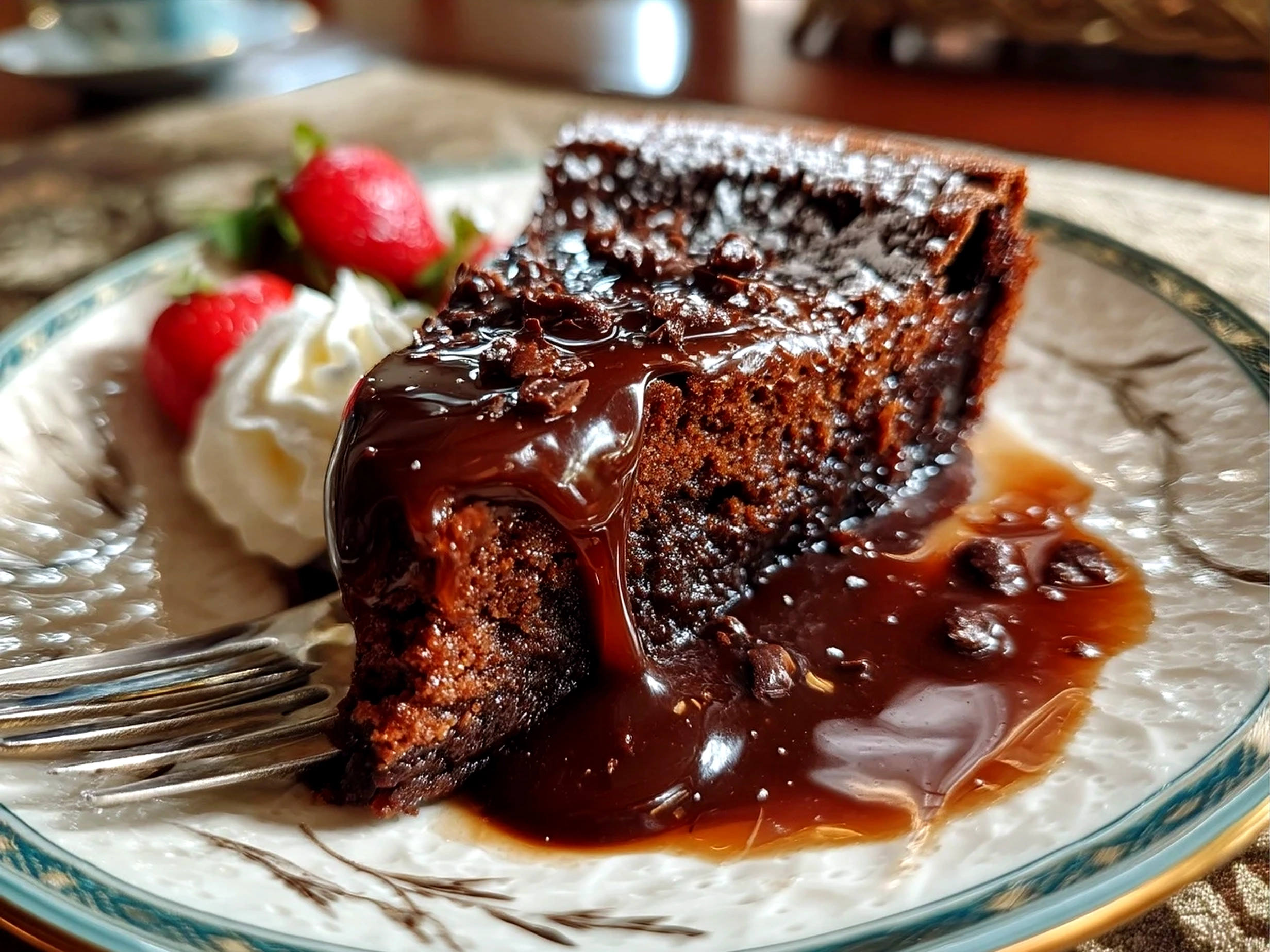 Serving suggestion of gooey chocolate cake topped with ice cream and fresh berries