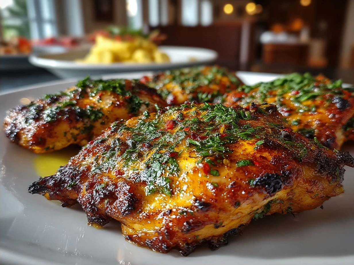 Roasted Harissa Chicken served with rice and fresh herbs garnish