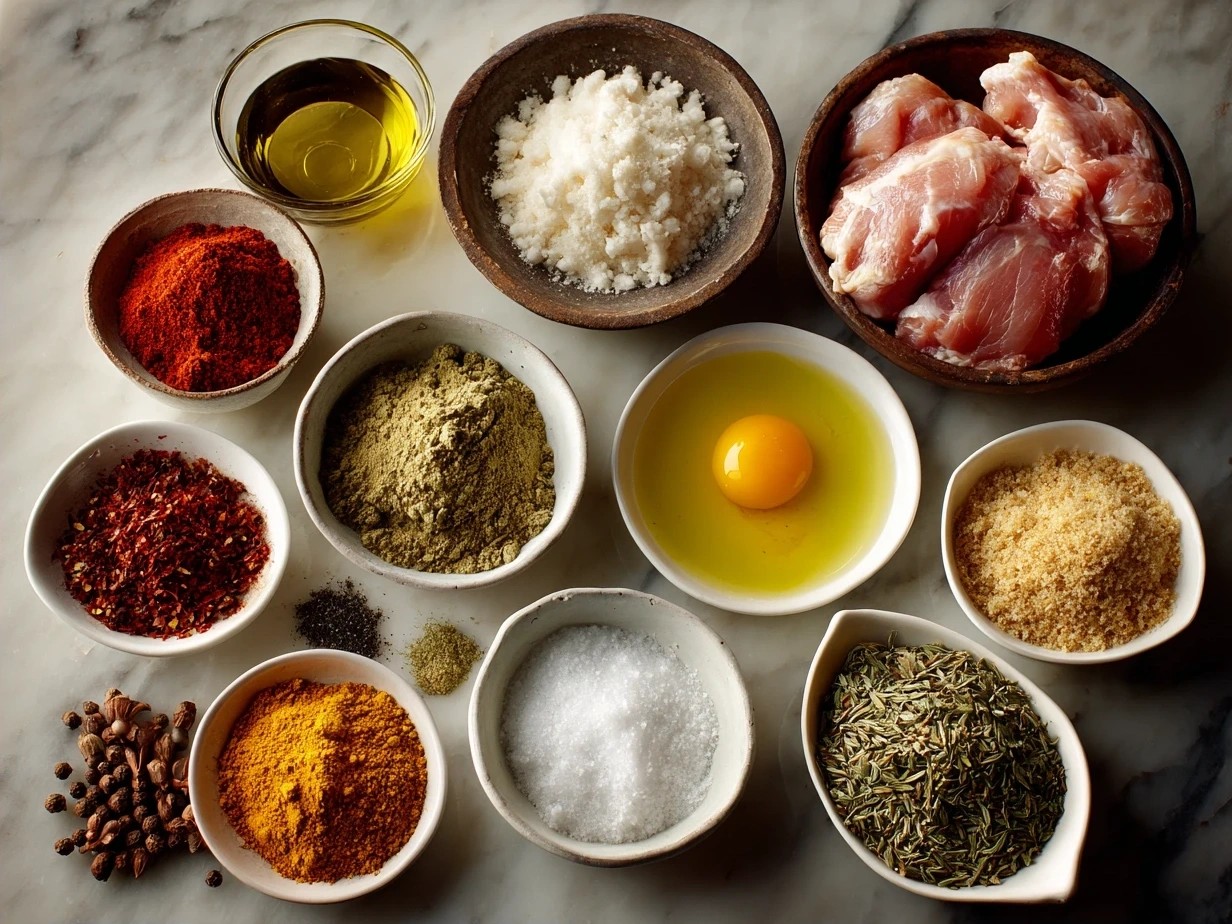 Ingredients for Harissa Chicken including chicken thighs, harissa paste, garlic, lemon, spices, and herbs