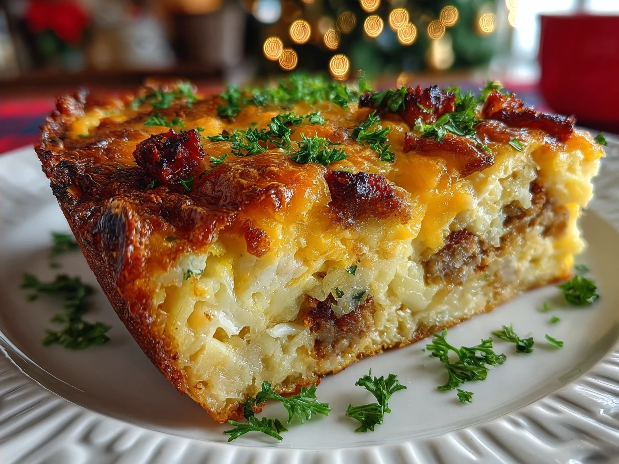 Finished Hashbrown Breakfast Casserole ready to serve on a plate