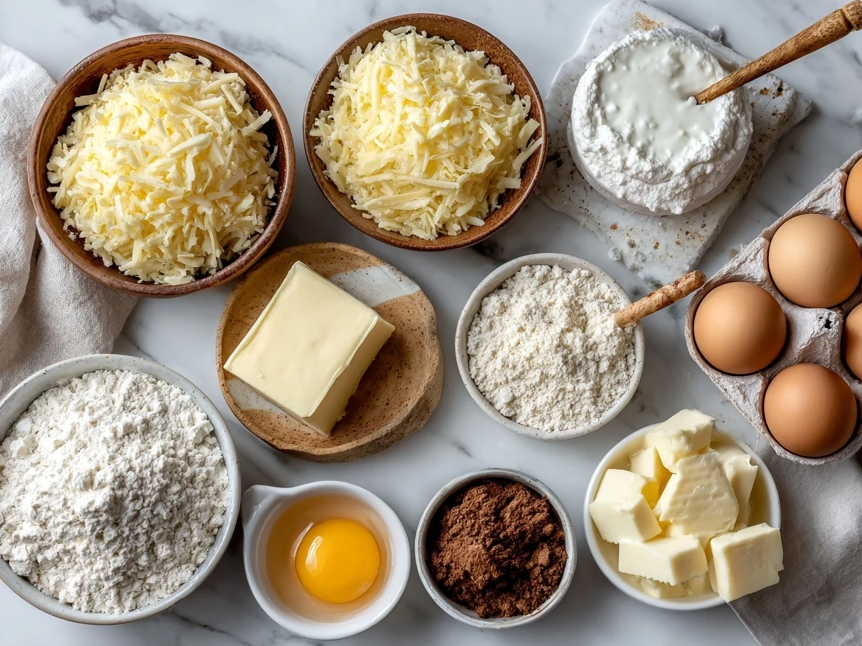 Ingredients for Hashbrown Breakfast Casserole including shredded hashbrowns, eggs, cheese, ham, onions, and peppers