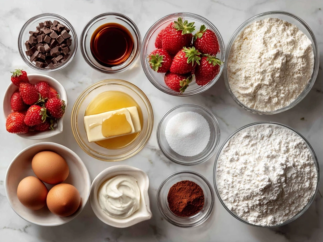 Ingredients laid out for heart-shaped cupcakes including flour, sugar, butter, eggs, milk, vanilla, and cocoa powder
