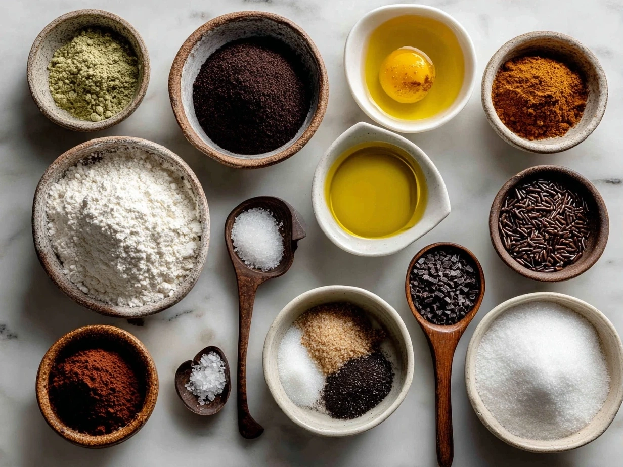 Ingredients for Hidden Heart Chocolate Loaf Cake laid out