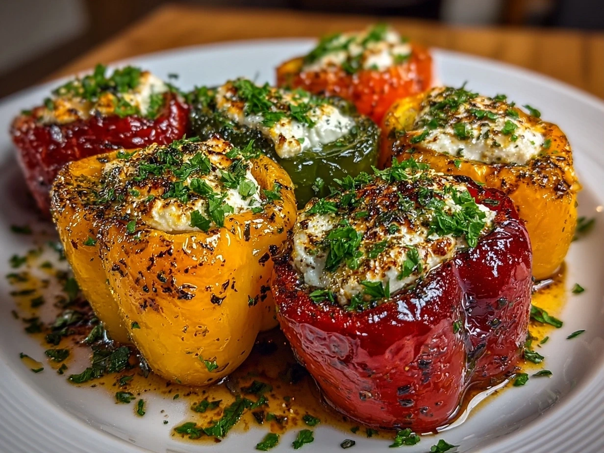 Close-up of finished Goat Cheese Stuffed Mini Peppers, baked with golden cheese and herbs
