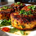 Home cooks, taken with iPhone 15 Pro. Close-up slight angle of homemade canned salmon cakes on white plate. Mouthwatering --ar 4:3 --style raw --s 240